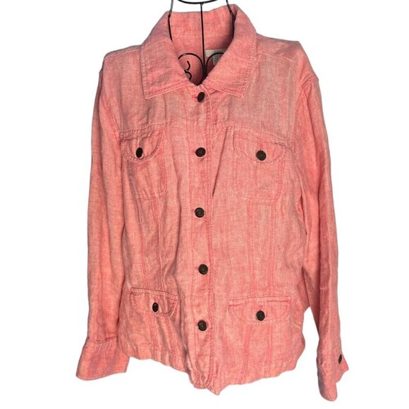 J Jill Size Large Petite‎ Button Up Linen Shacket Jacket Pink 100% Linen Western - Picture 1 of 6